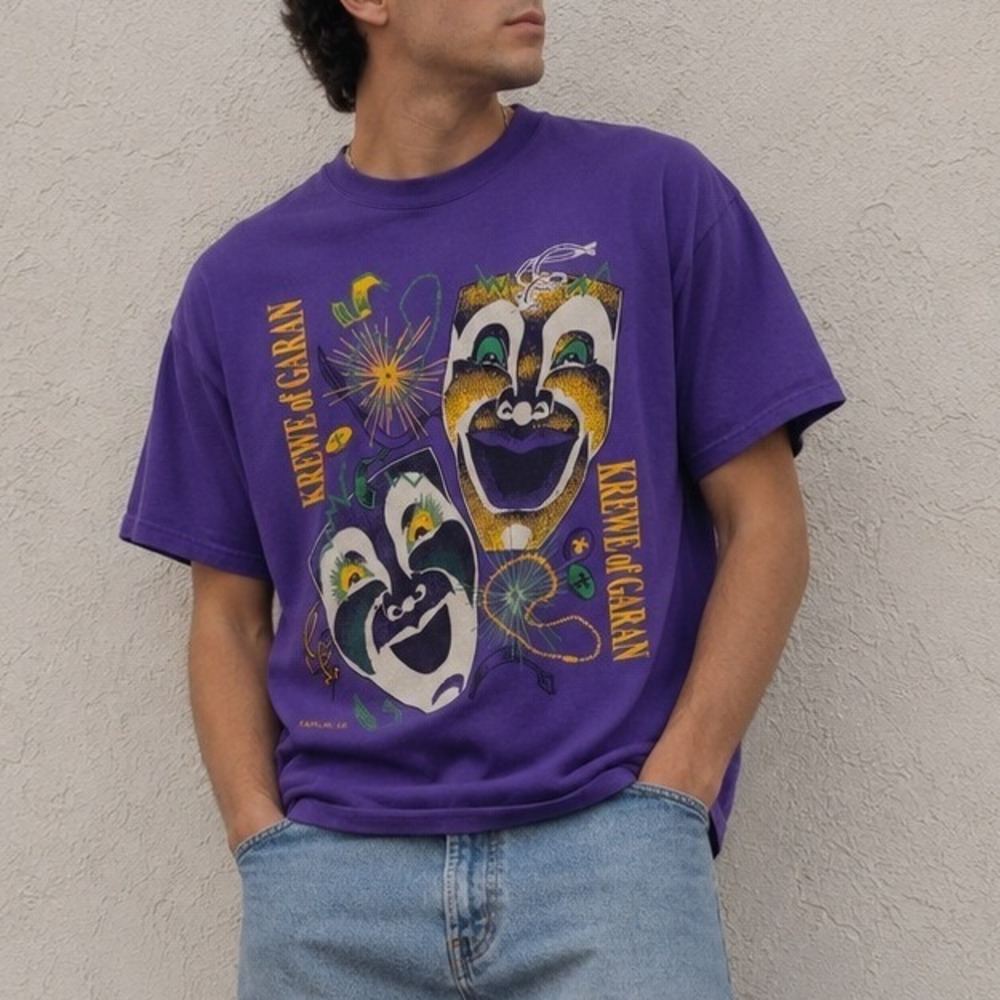 VTG 90s L Large T-Shirt Mardi Gras Krewe Garan Kaplan LA Single Stitch Purple
